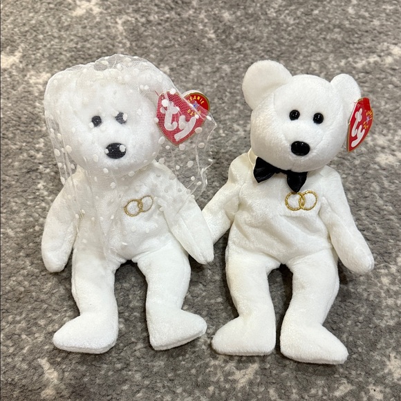 Ty Other - Retired Ty White Bear Wedding Pair with Gold and Black Accents